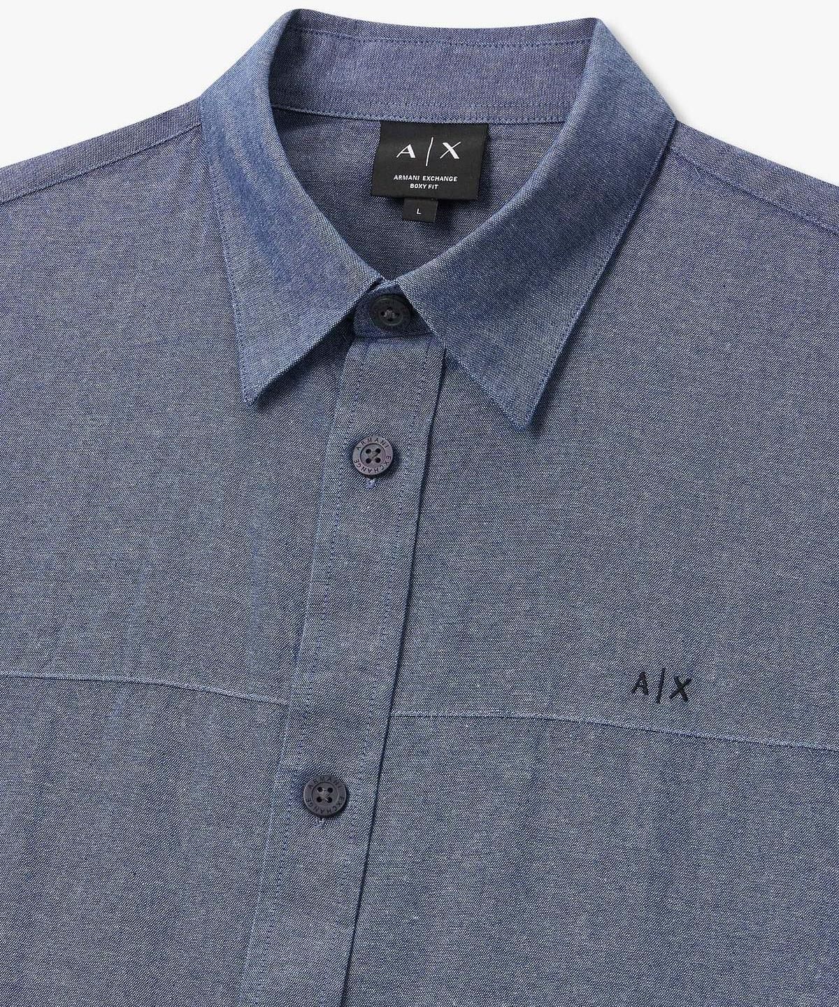 아르마니 익스체인지(ARMANI EXCHANGE) 남성 자수 로고 숏 슬리브 코튼 셔츠 _블루_A416120004