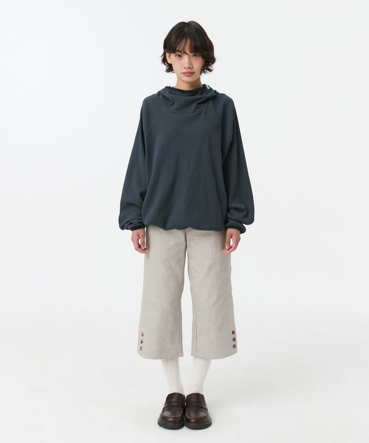 오헤시오(OHESHIO) WAFFLE HOODED SWEATSHIRT, NAVY