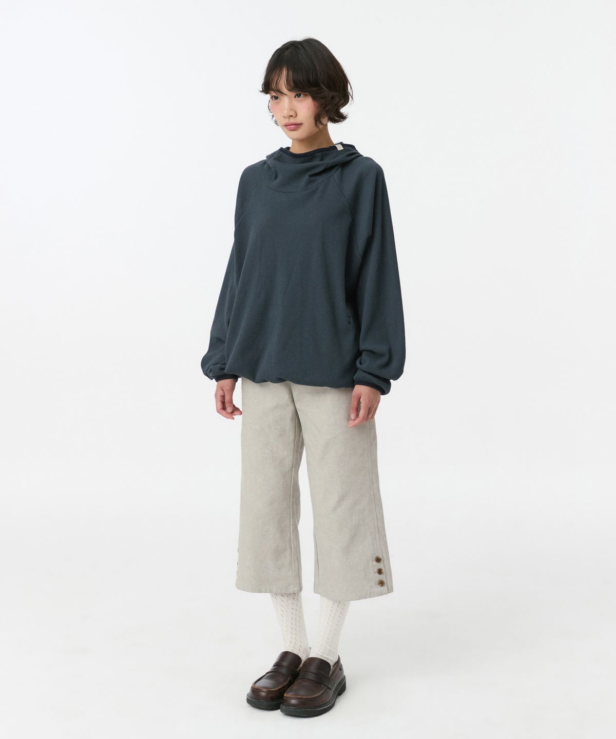 오헤시오(OHESHIO) WAFFLE HOODED SWEATSHIRT, NAVY