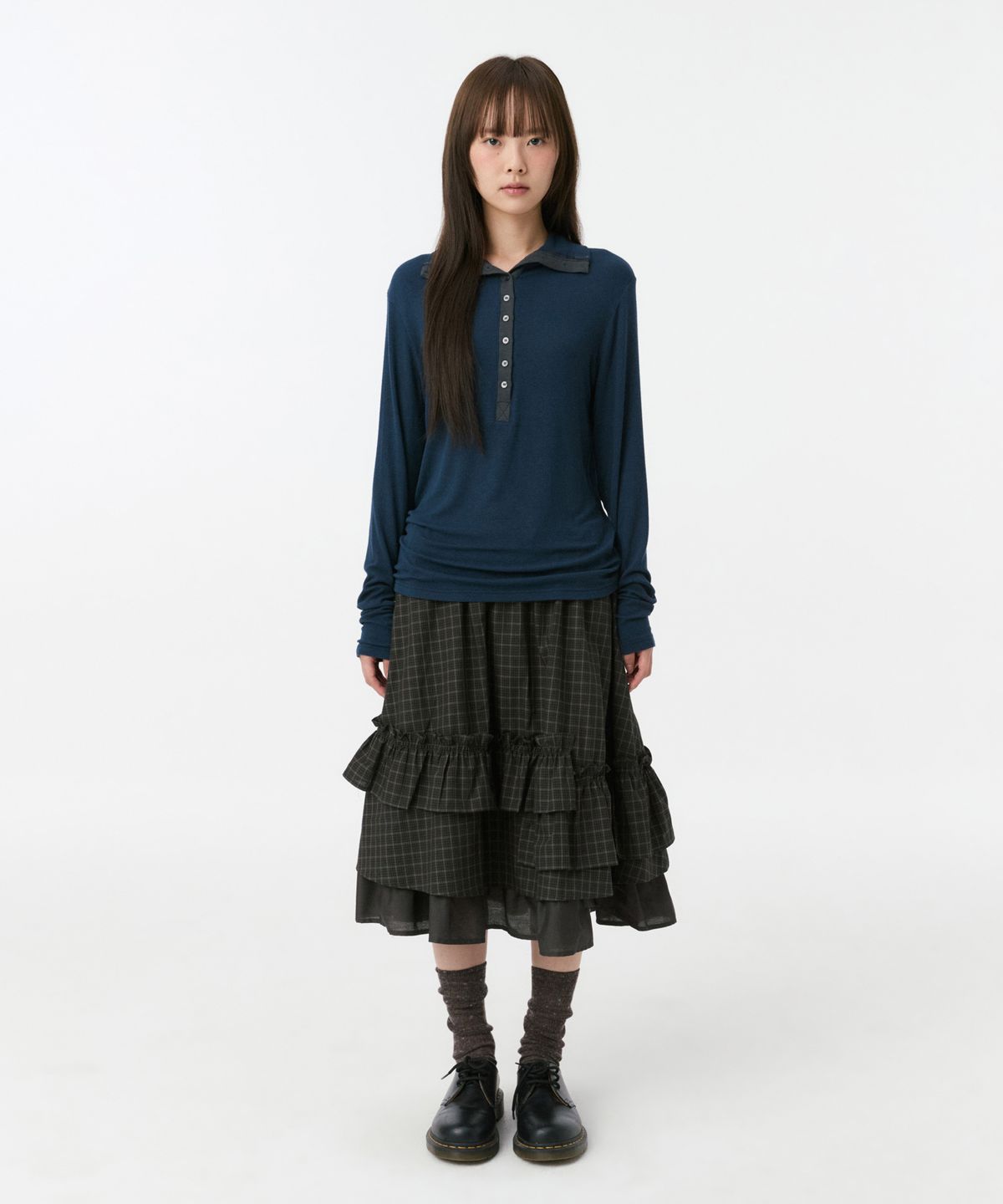 오헤시오(OHESHIO) BUTTON SLIM LONG SLEEVE, NAVY