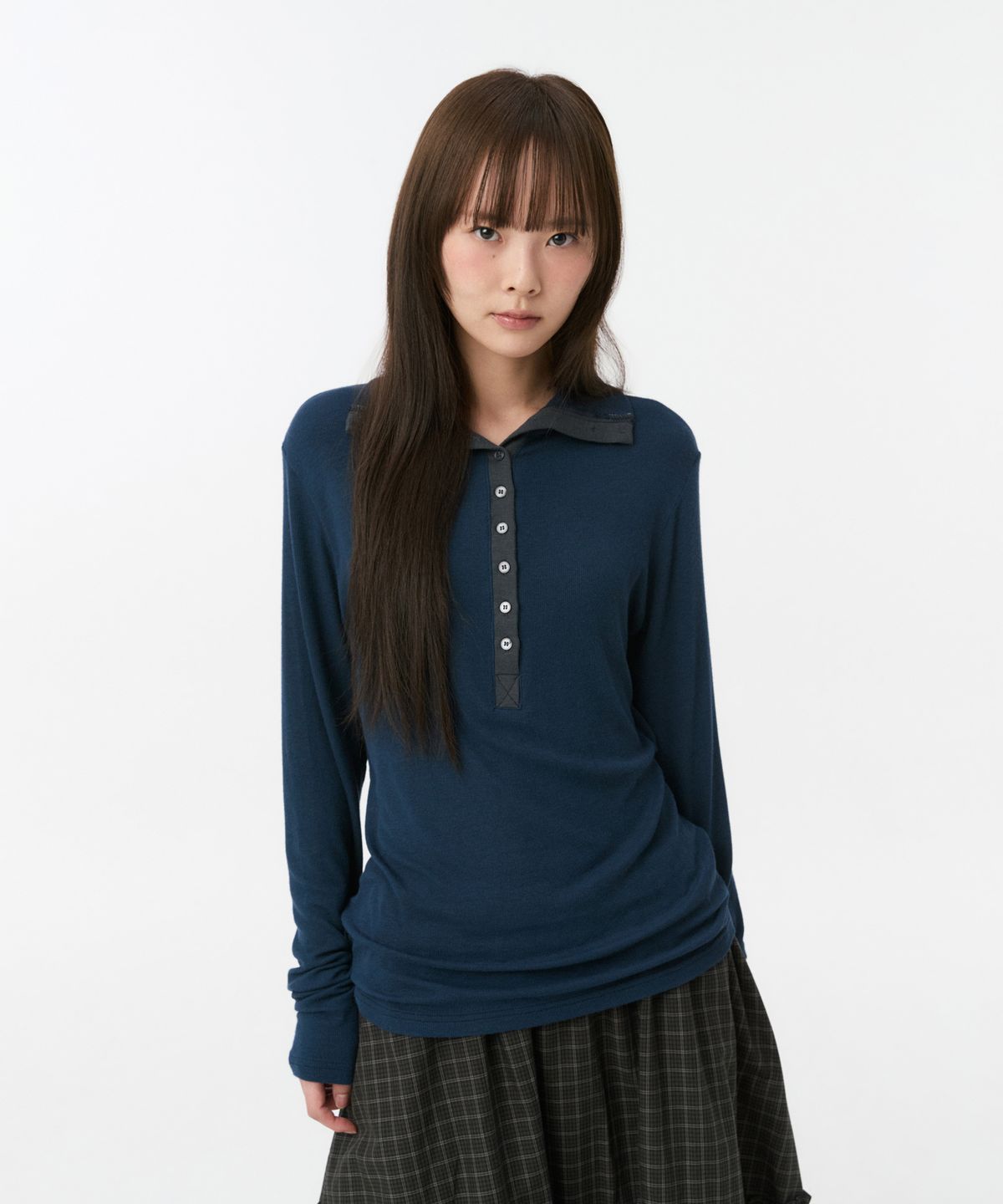 오헤시오(OHESHIO) BUTTON SLIM LONG SLEEVE, NAVY