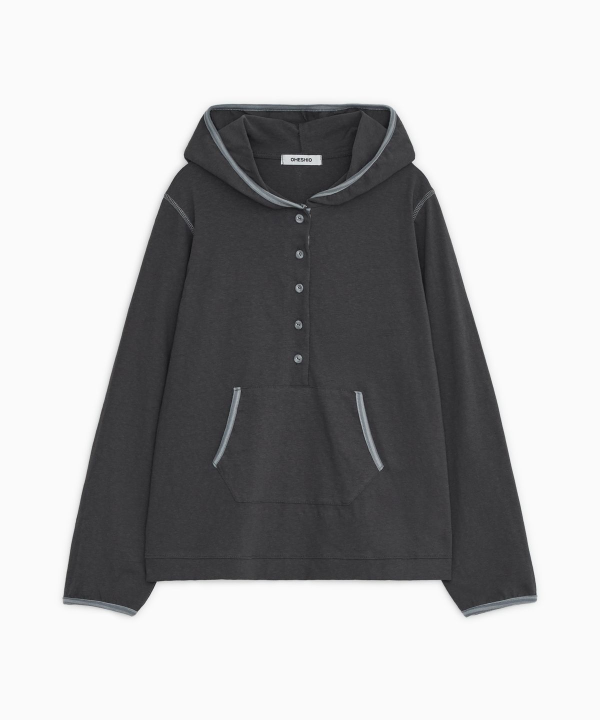 오헤시오(OHESHIO) FLORAL BUTTON HOODED LONG SLEEVE, CHARCOAL