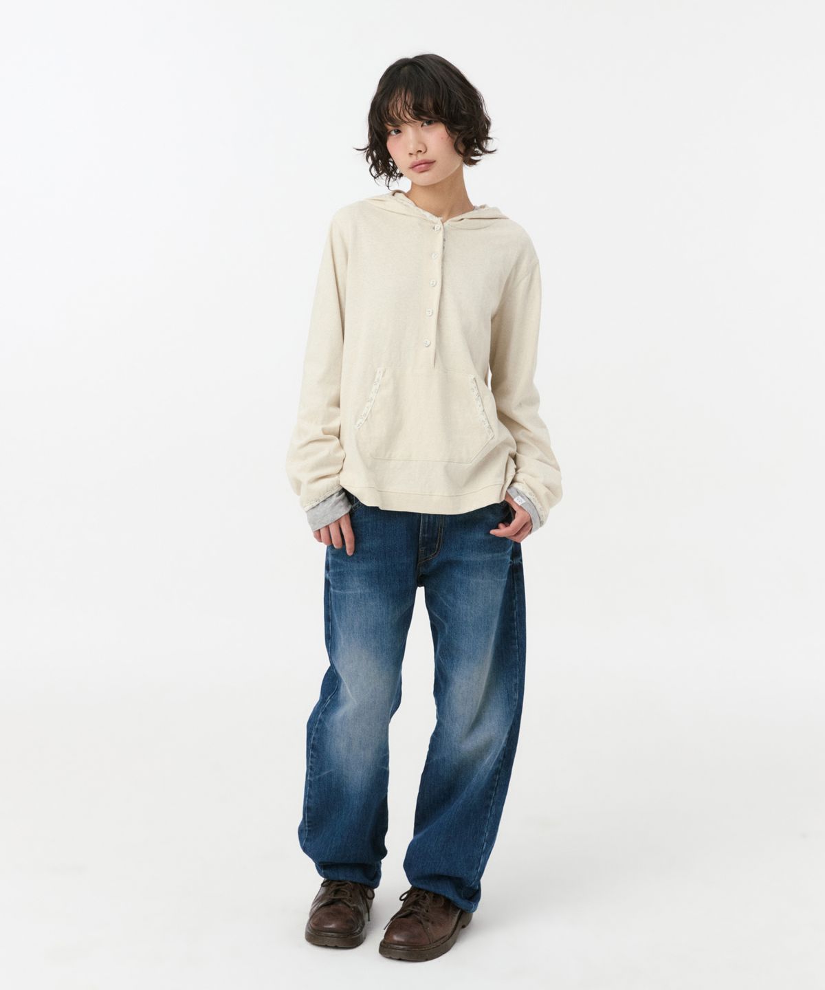 오헤시오(OHESHIO) FLORAL BUTTON HOODED LONG SLEEVE, IVORY
