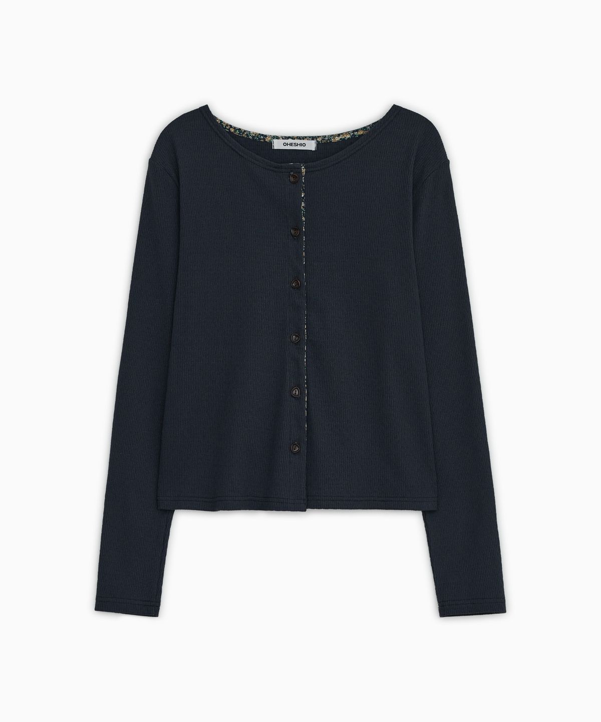 오헤시오(OHESHIO) FLORAL COLOR BLOCK JERSEY CARDIGAN, NAVY