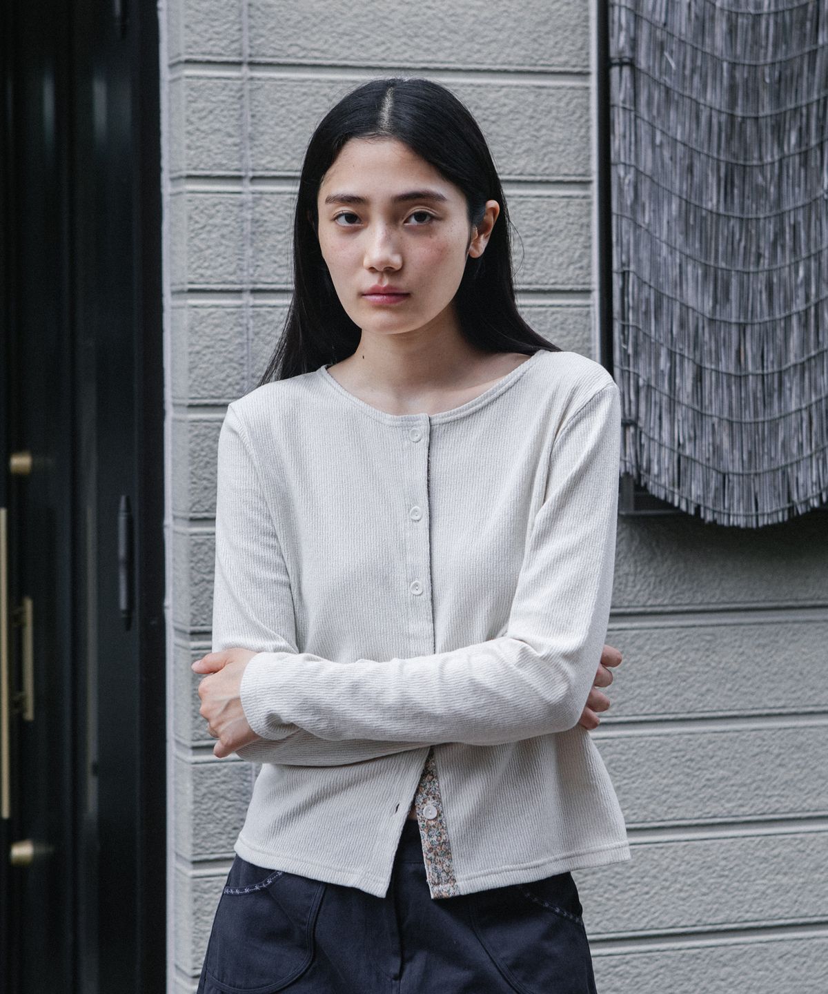 오헤시오(OHESHIO) FLORAL COLOR BLOCK JERSEY CARDIGAN, NAVY