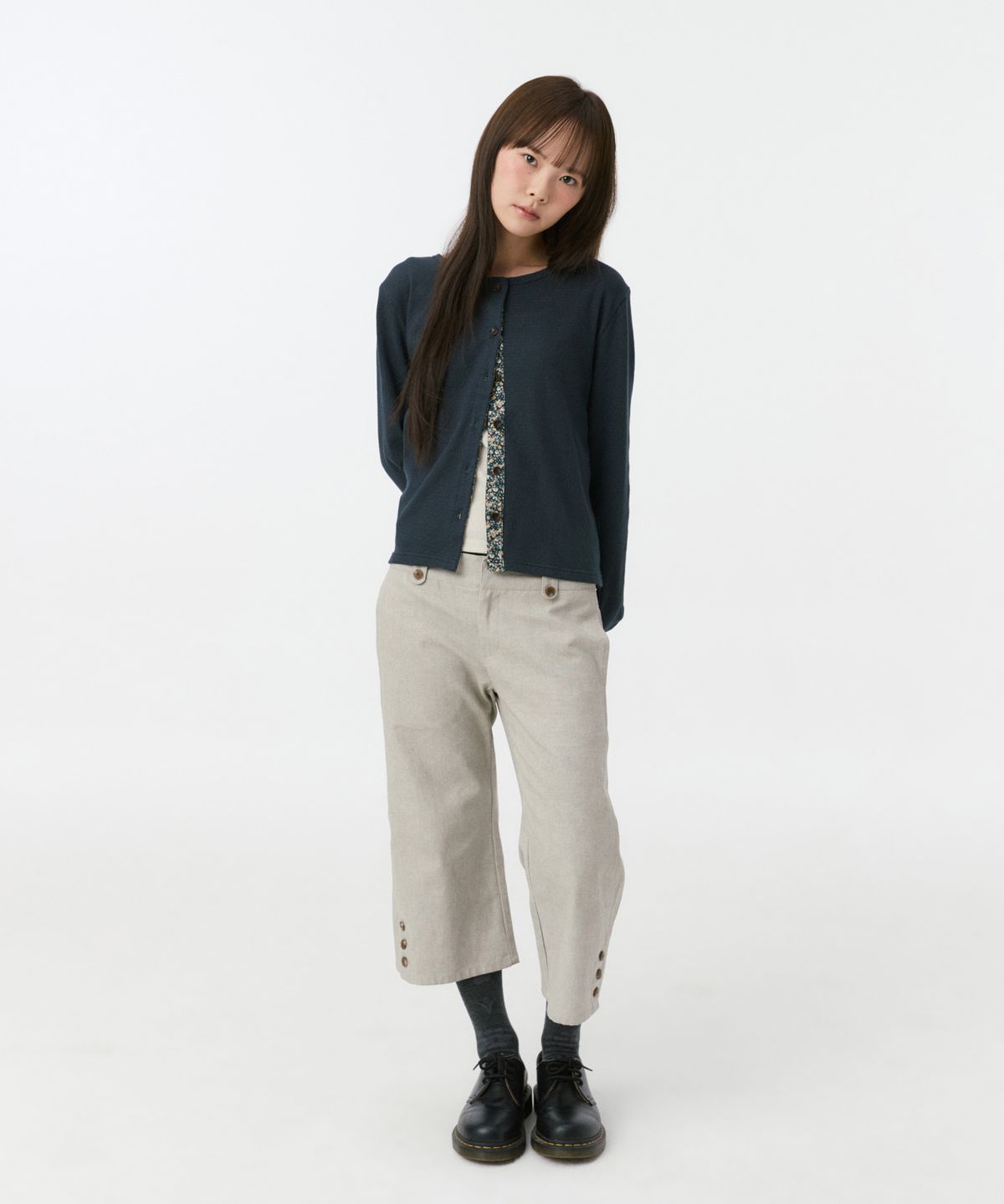 오헤시오(OHESHIO) FLORAL COLOR BLOCK JERSEY CARDIGAN, NAVY
