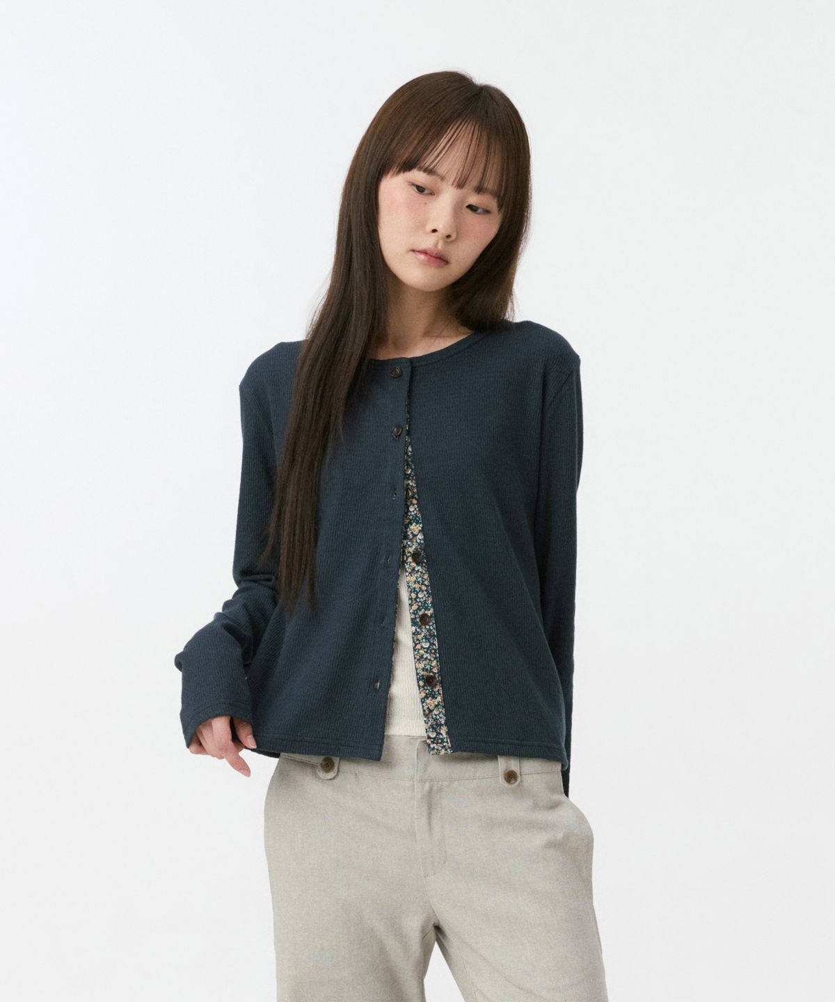 오헤시오(OHESHIO) FLORAL COLOR BLOCK JERSEY CARDIGAN, NAVY