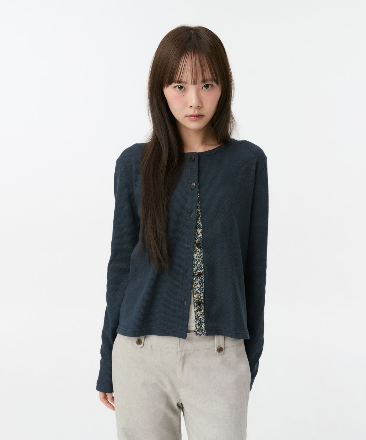 오헤시오(OHESHIO) FLORAL COLOR BLOCK JERSEY CARDIGAN, NAVY