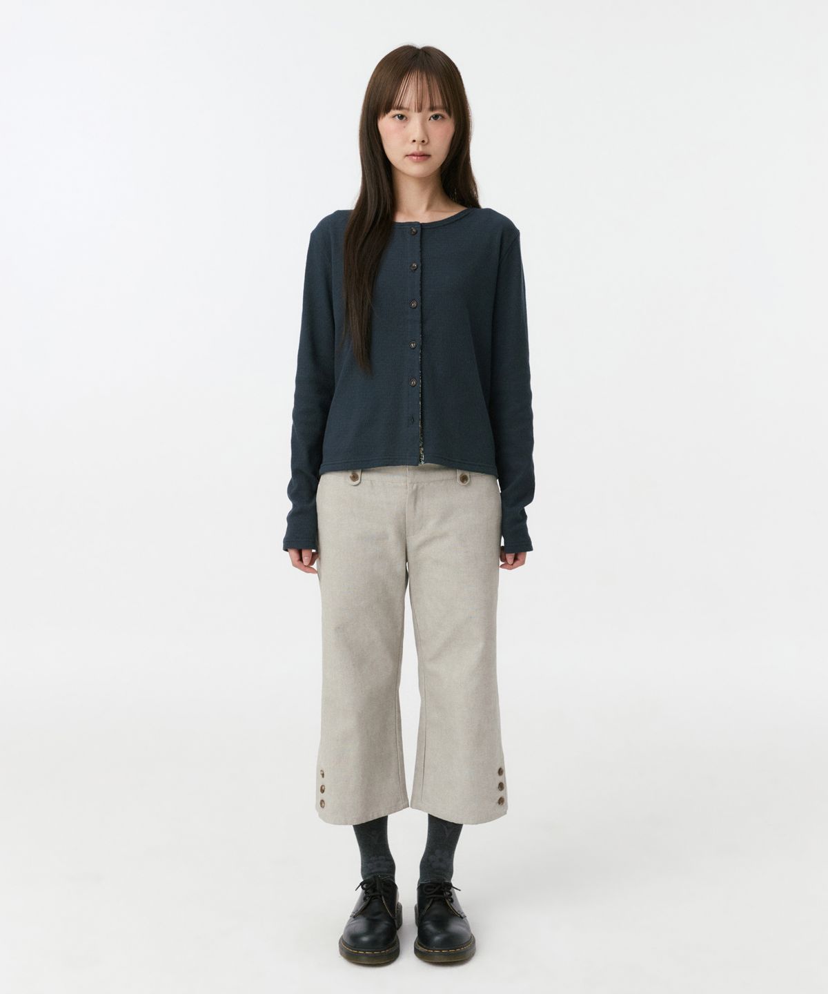 오헤시오(OHESHIO) FLORAL COLOR BLOCK JERSEY CARDIGAN, NAVY
