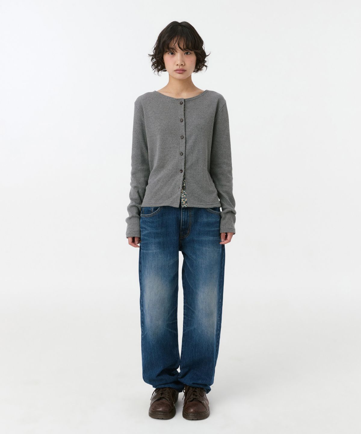 오헤시오(OHESHIO) FLORAL COLOR BLOCK JERSEY CARDIGAN, GRAY