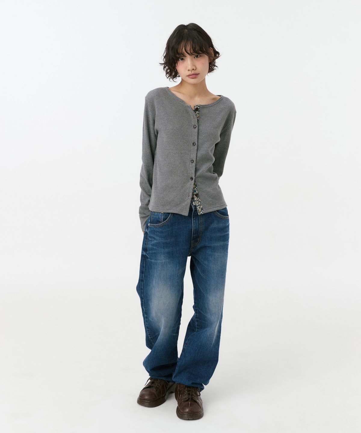 오헤시오(OHESHIO) FLORAL COLOR BLOCK JERSEY CARDIGAN, GRAY