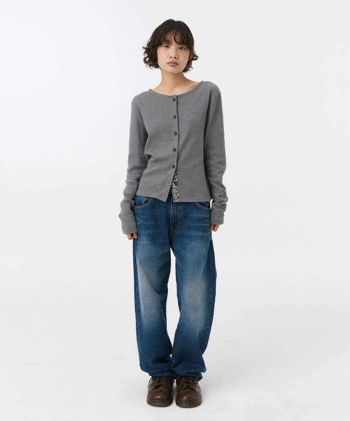 오헤시오(OHESHIO) FLORAL COLOR BLOCK JERSEY CARDIGAN, GRAY