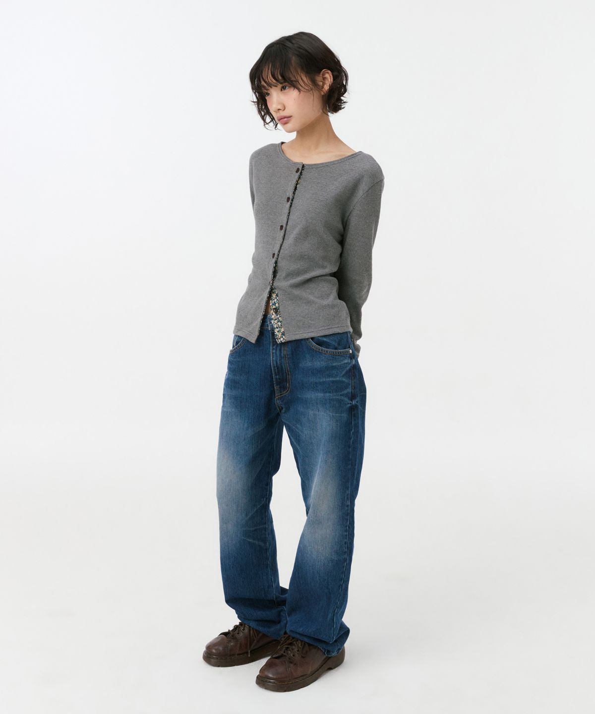 오헤시오(OHESHIO) FLORAL COLOR BLOCK JERSEY CARDIGAN, GRAY