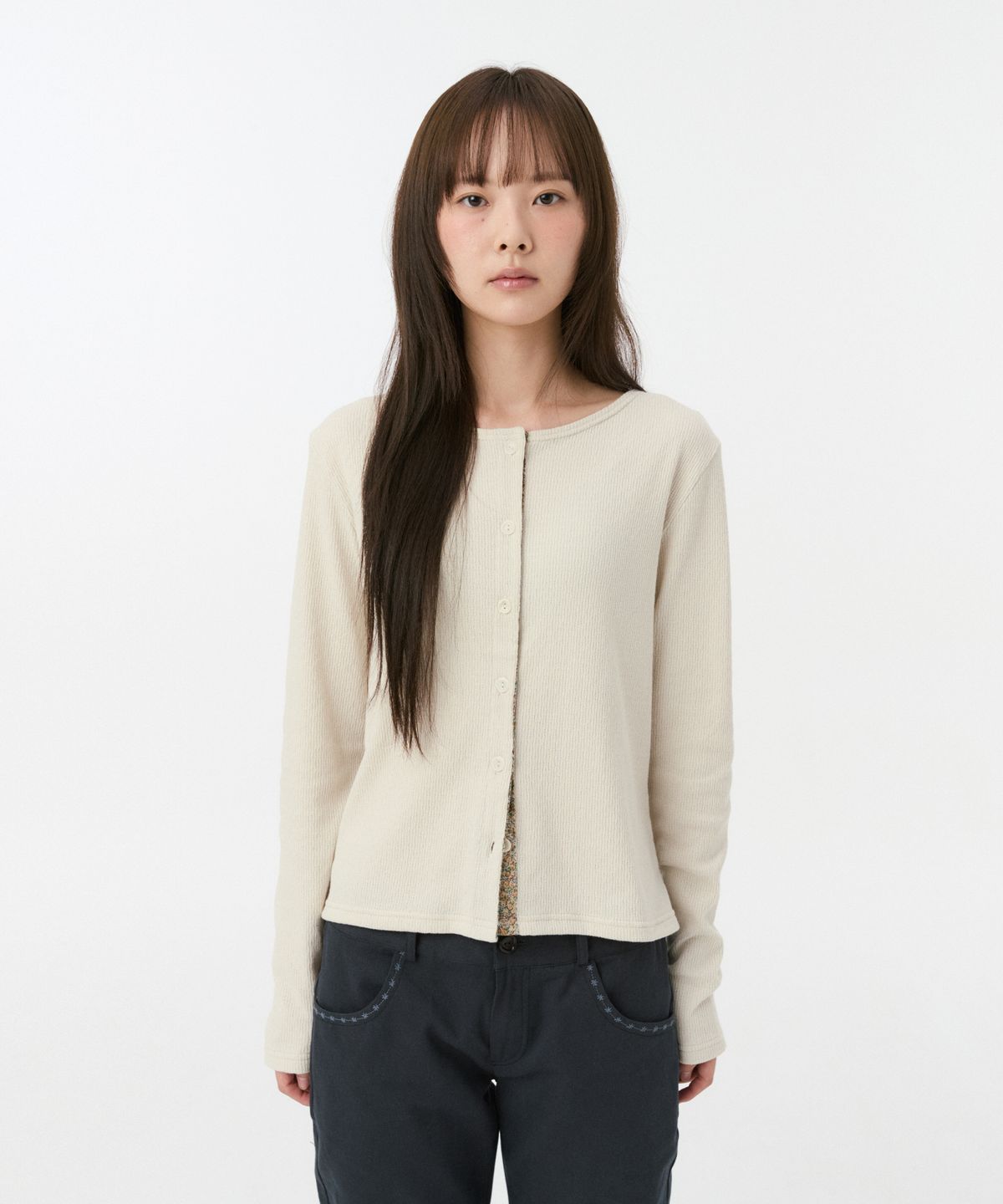 오헤시오(OHESHIO) FLORAL COLOR BLOCK JERSEY CARDIGAN, BEIGE