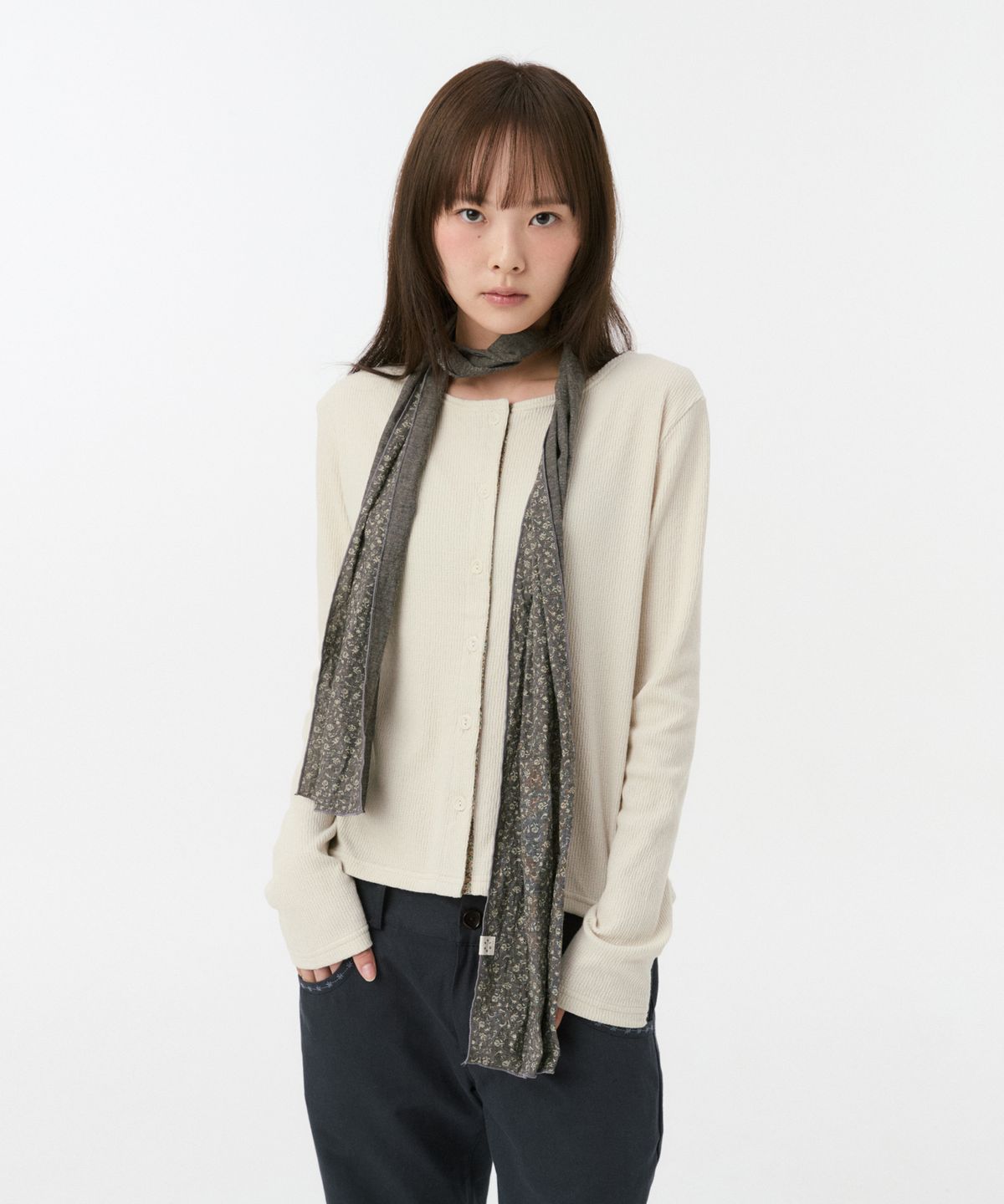 오헤시오(OHESHIO) FLORAL COLOR BLOCK JERSEY CARDIGAN, BEIGE