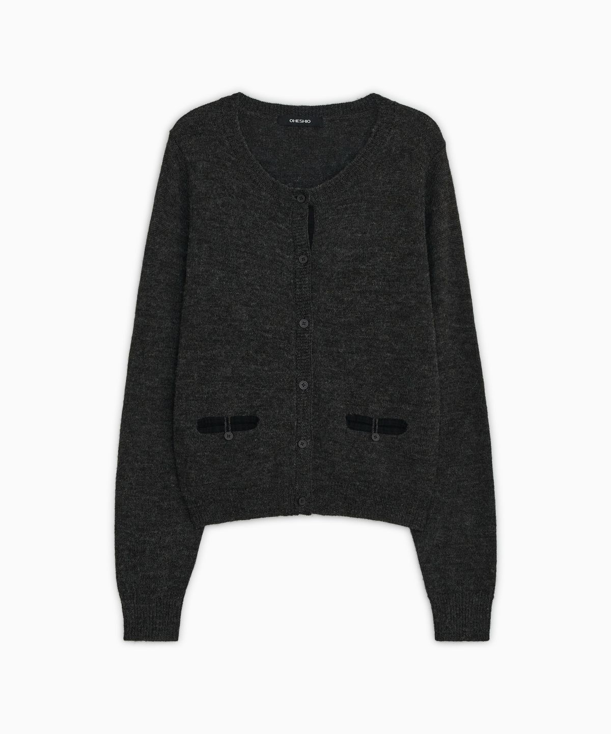 오헤시오(OHESHIO) COLOR BLOCK POCKET KNIT CARDIGAN, CHARCOAL