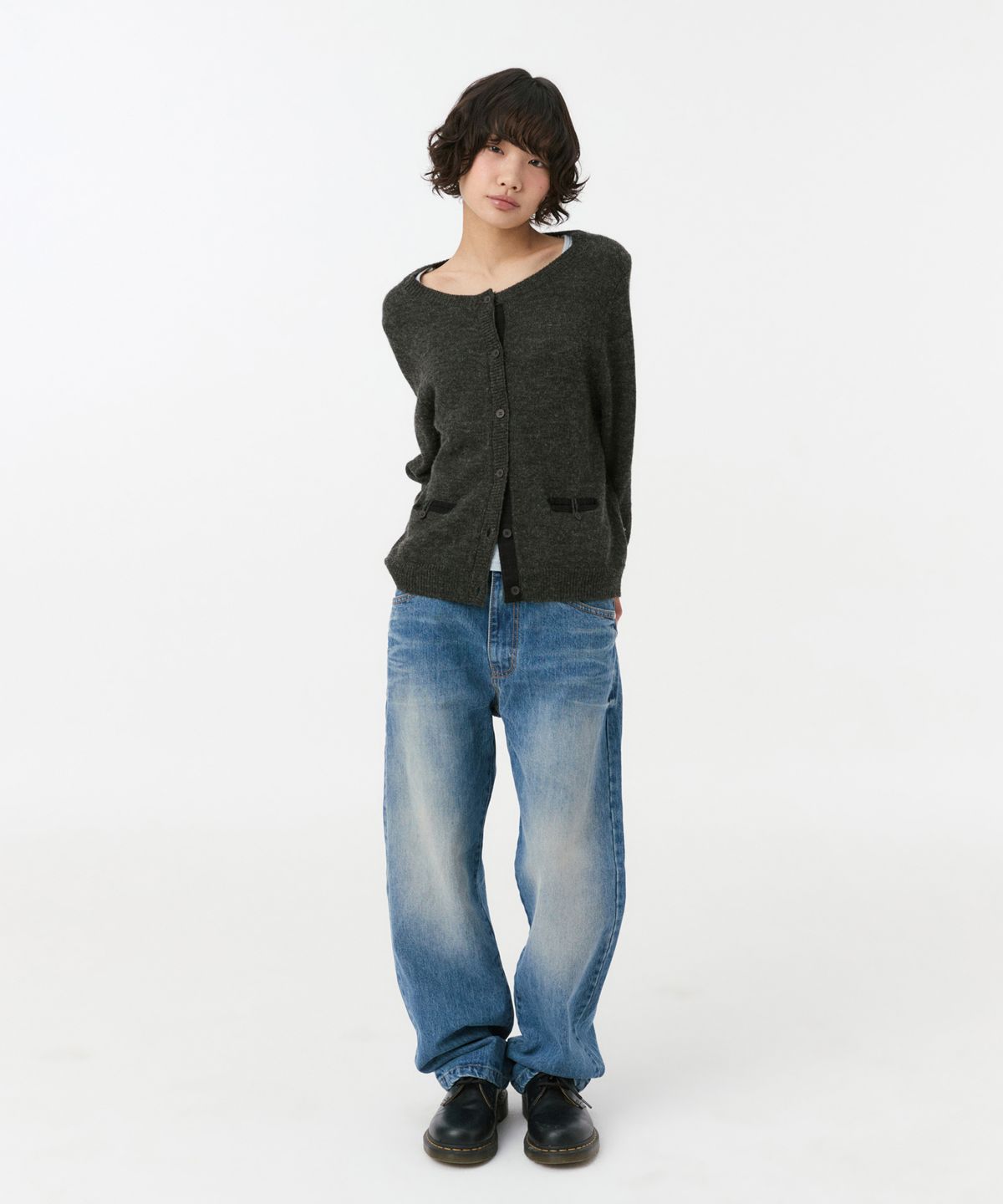 오헤시오(OHESHIO) COLOR BLOCK POCKET KNIT CARDIGAN, CHARCOAL