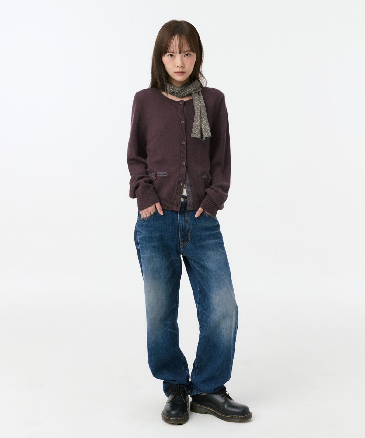 오헤시오(OHESHIO) COLOR BLOCK POCKET KNIT CARDIGAN, PURPLE