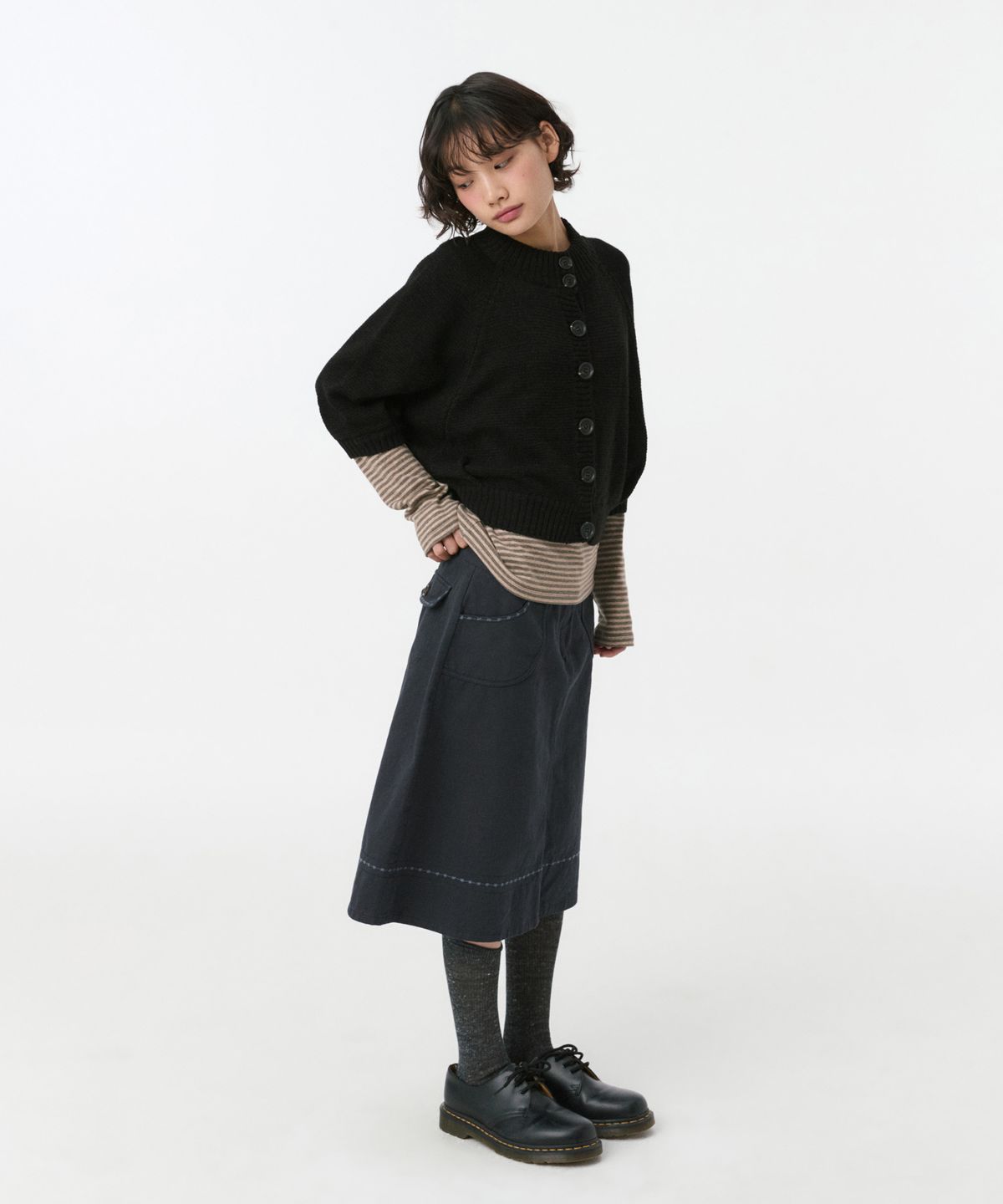 오헤시오(OHESHIO) 3/4 RAGLAN KNIT CARDIGAN, BLACK