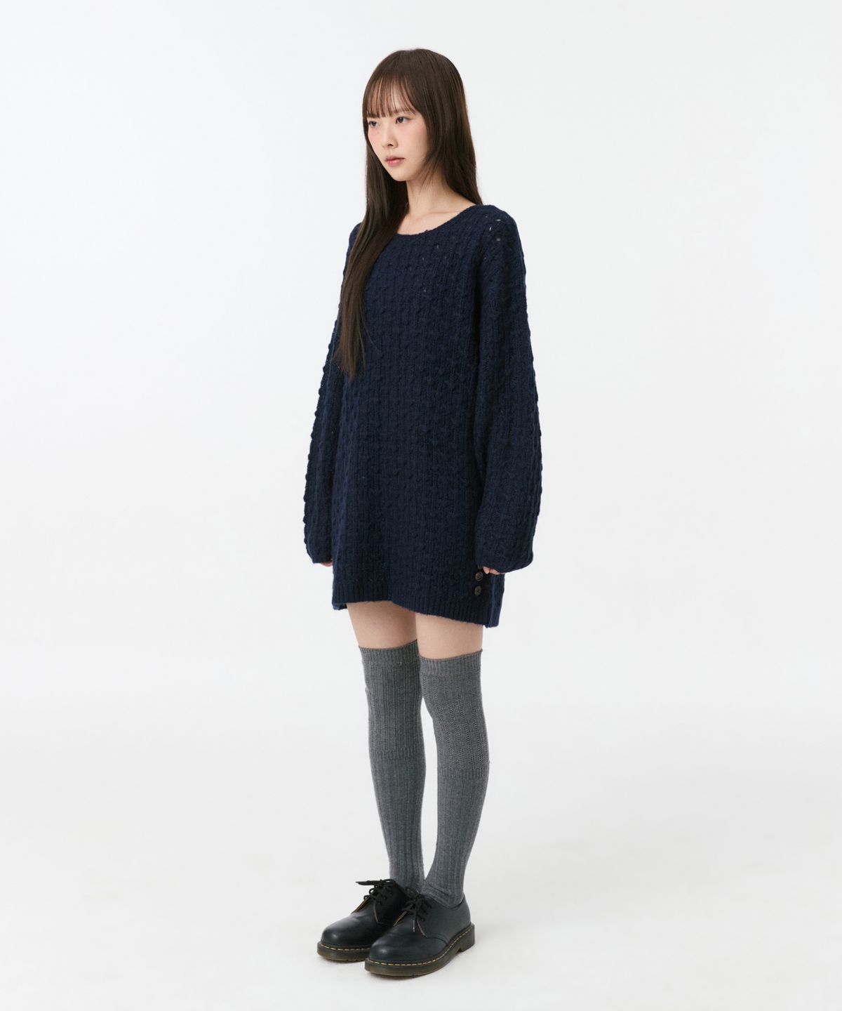 오헤시오(OHESHIO) NUBBY TEXTURED HALF KNIT, NAVY