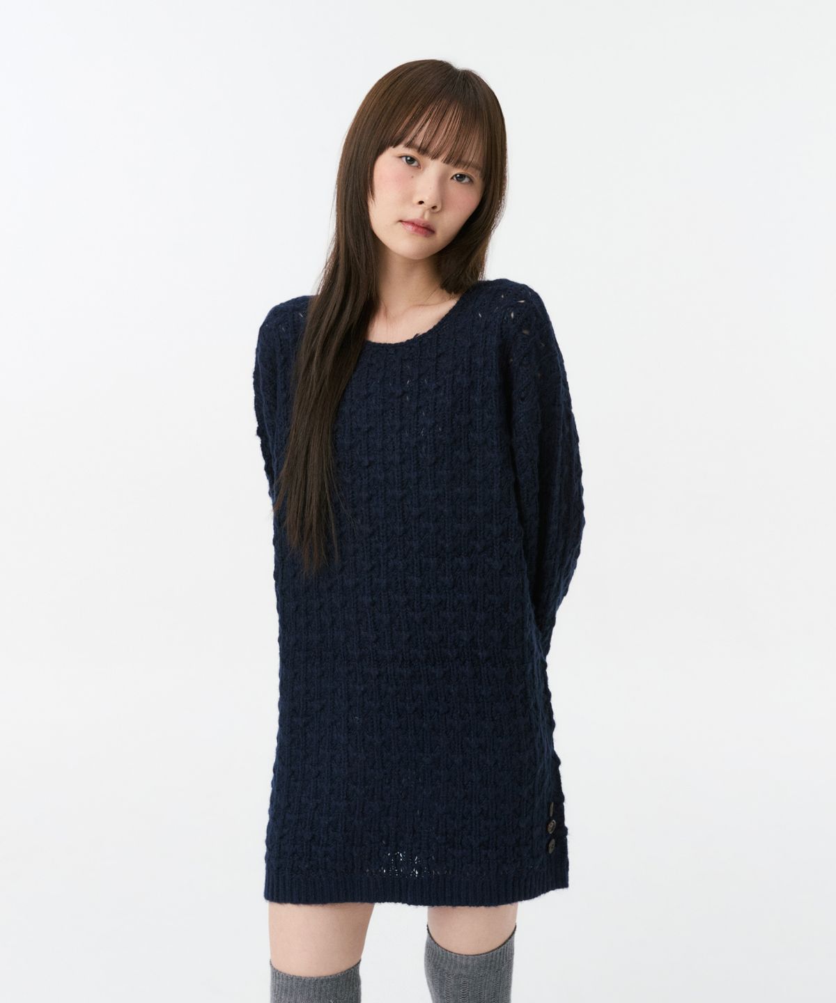 오헤시오(OHESHIO) NUBBY TEXTURED HALF KNIT, NAVY