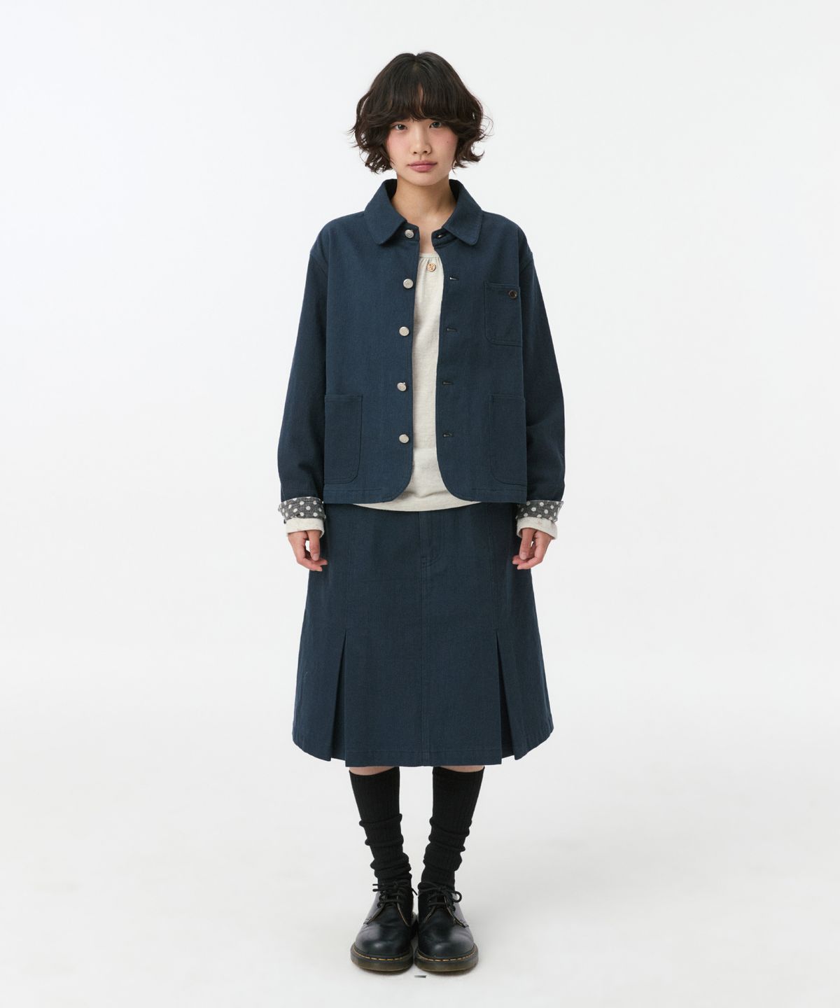 오헤시오(OHESHIO) FLORAL LINE PLEATED MIDI SKIRT, NAVY