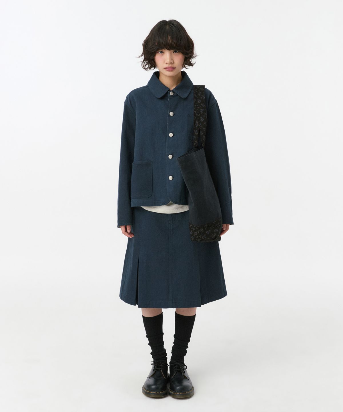 오헤시오(OHESHIO) FLORAL LINE PLEATED MIDI SKIRT, NAVY