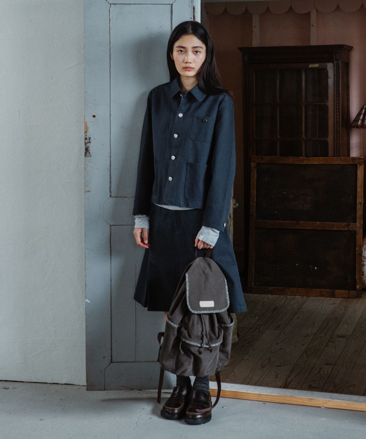 오헤시오(OHESHIO) ROUND COLLAR COTTON JACKET, BROWN KHAKI