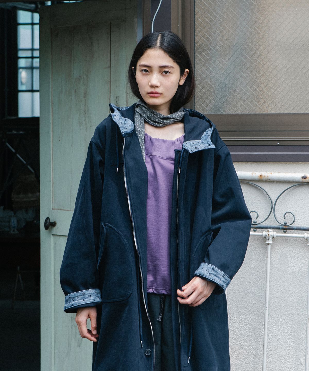 오헤시오(OHESHIO) VINTAGE FLORAL HOODED JACKET, NAVY