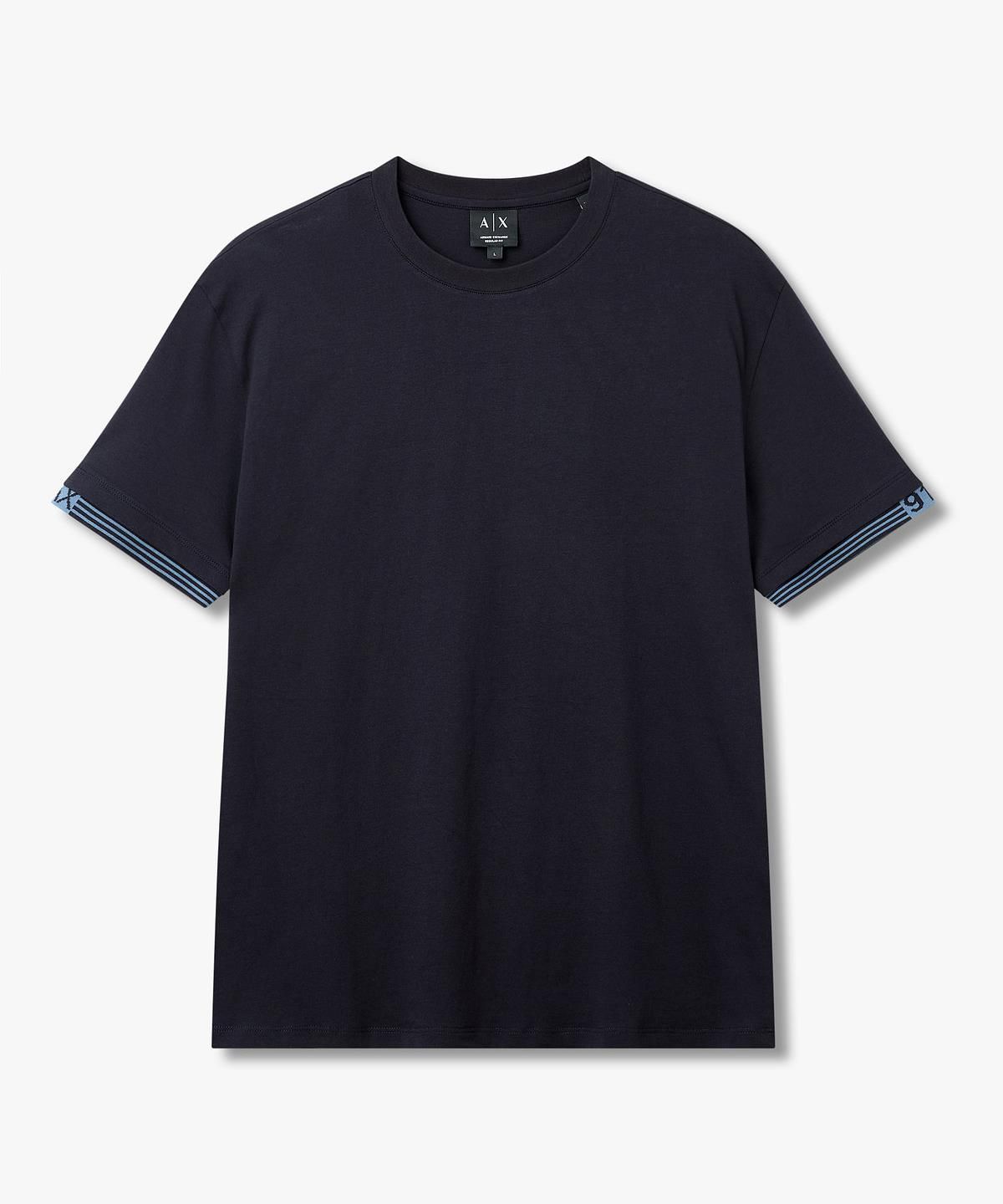 아르마니 익스체인지(ARMANI EXCHANGE) 남성 스트라이프 트리밍 티셔츠 _다크 네이비_A416130037