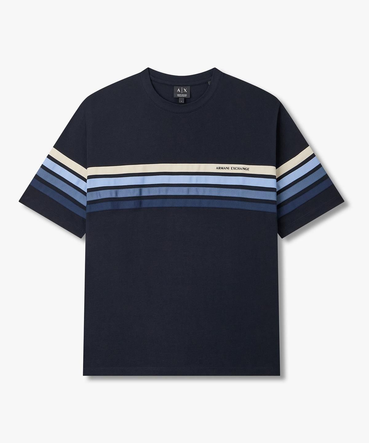 아르마니 익스체인지(ARMANI EXCHANGE) 남성 스트라이프 레귤러 핏 티셔츠 _다크 네이비_A416130031