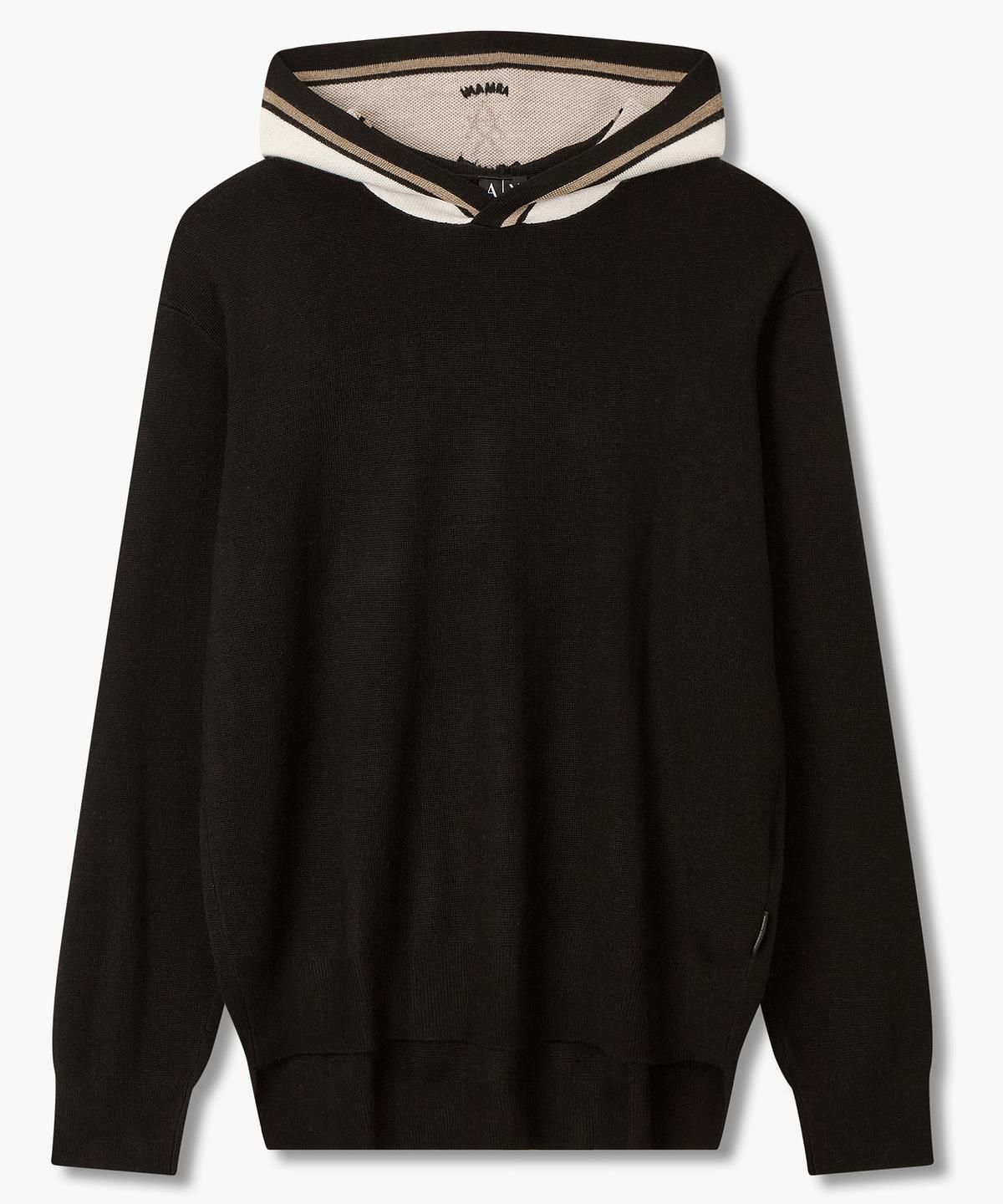 아르마니 익스체인지(ARMANI EXCHANGE) 남성 울 블렌드 배색 후디드 니트 _블랙_A416132006