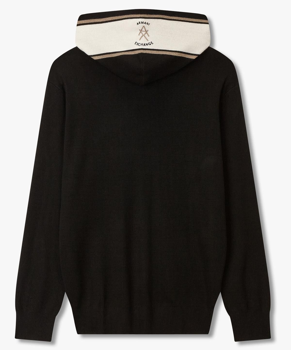 아르마니 익스체인지(ARMANI EXCHANGE) 남성 울 블렌드 배색 후디드 니트 _블랙_A416132006