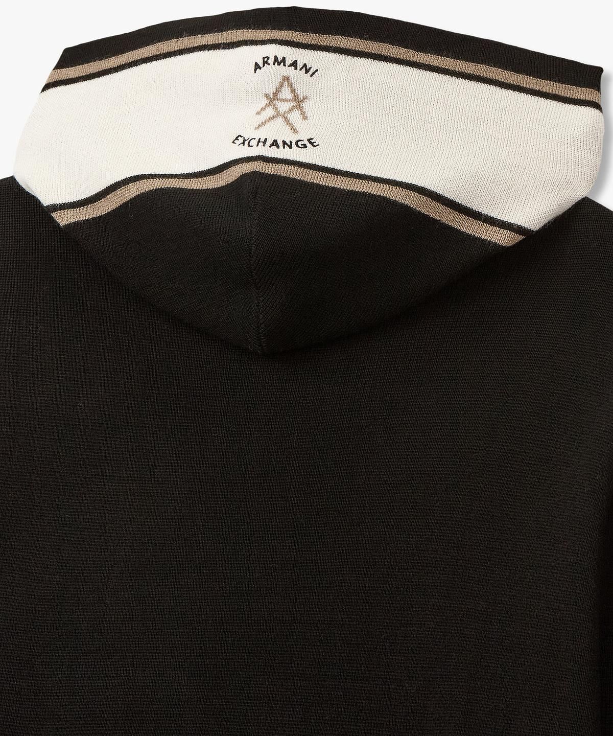 아르마니 익스체인지(ARMANI EXCHANGE) 남성 울 블렌드 배색 후디드 니트 _블랙_A416132006