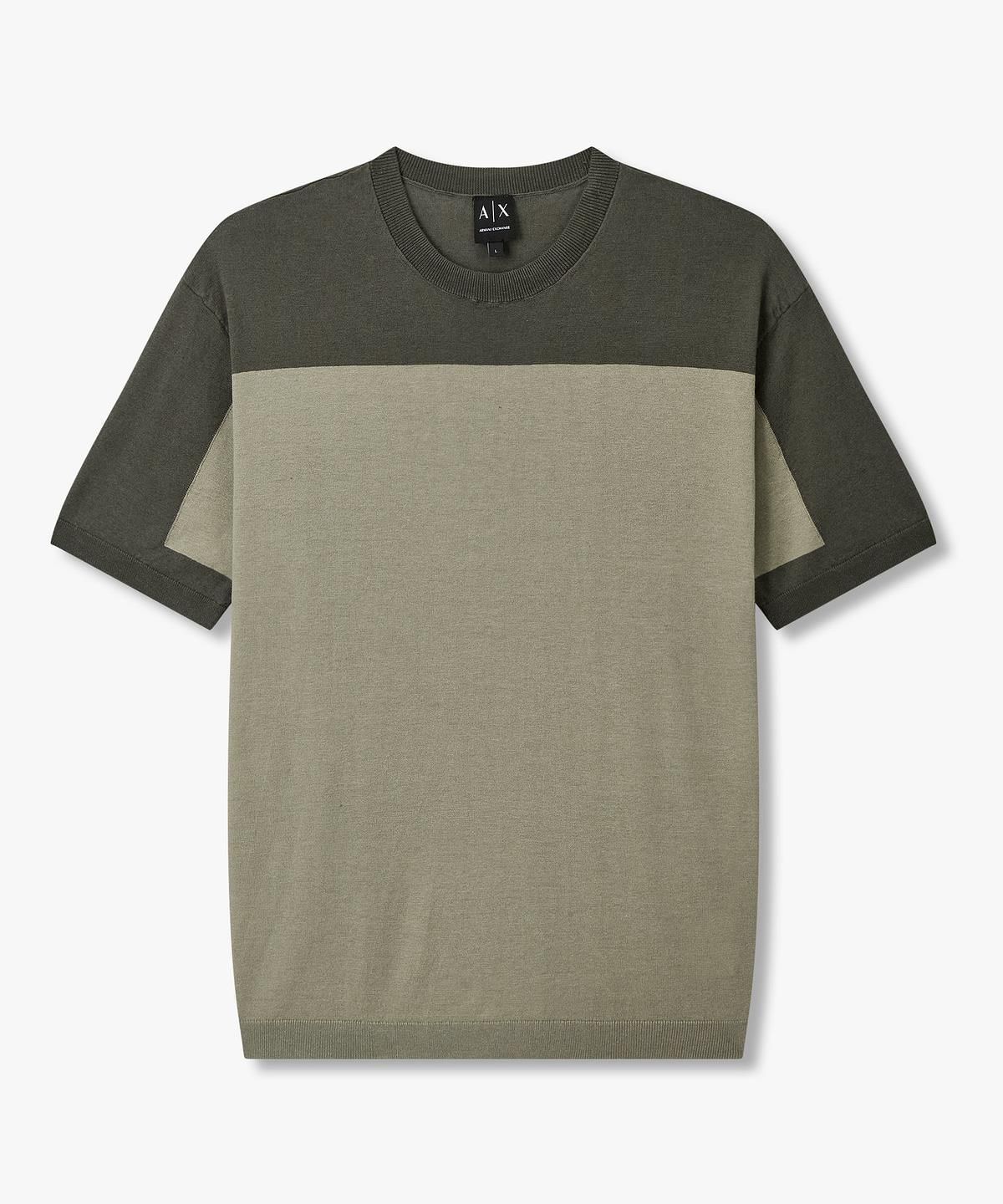 아르마니 익스체인지(ARMANI EXCHANGE) 남성 린넨 블렌드 배색 크루넥 니트 _카키_A416132008