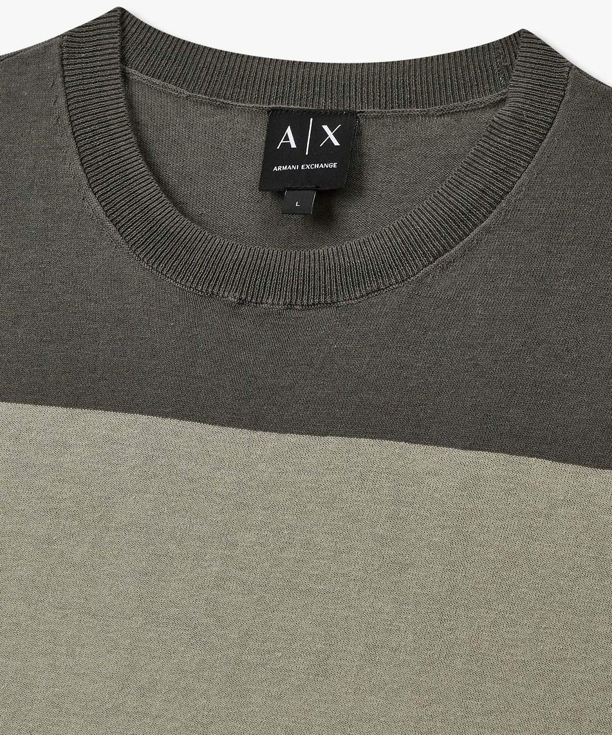 아르마니 익스체인지(ARMANI EXCHANGE) 남성 린넨 블렌드 배색 크루넥 니트 _카키_A416132008