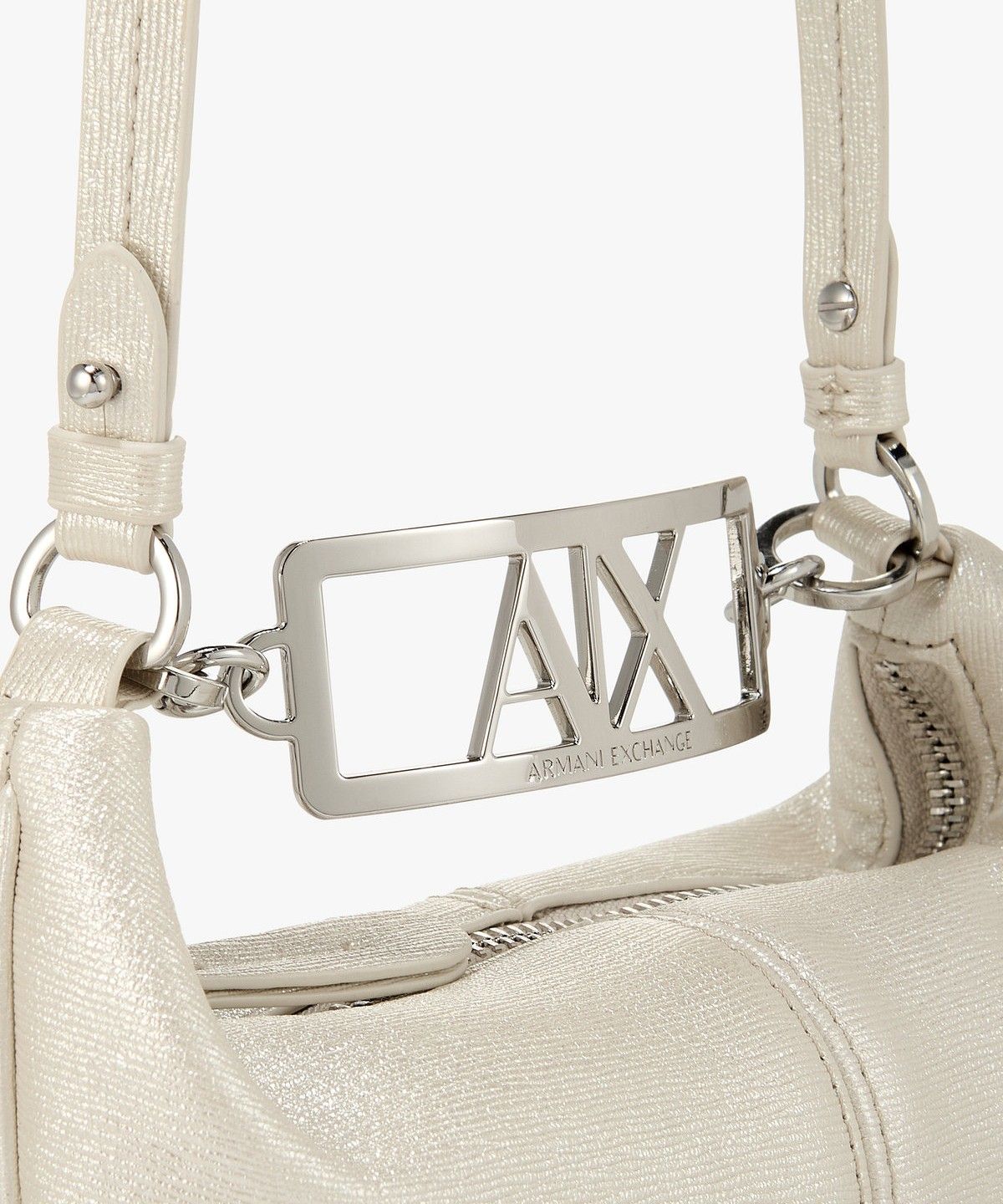 아르마니 익스체인지(ARMANI EXCHANGE) 여성 로고 핸들 샤이닝 미니 백 _라이트 베이지_A425370504