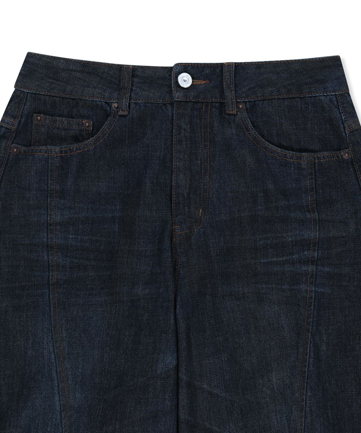 마뗑킴(MATIN KIM) TWISTED VOLUME COATED DENIM PANTS IN DARK NAVY