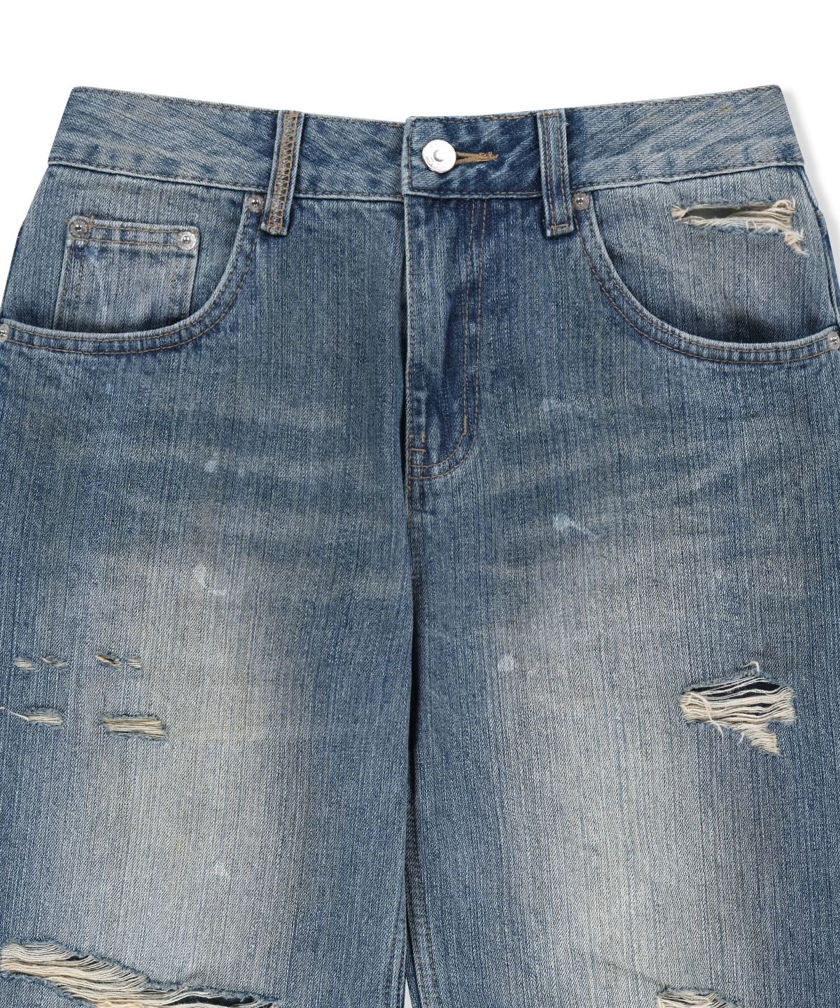 마뗑킴(MATIN KIM) SLUB DAMAGE BOOTCUT DENIM PANTS IN BLUE