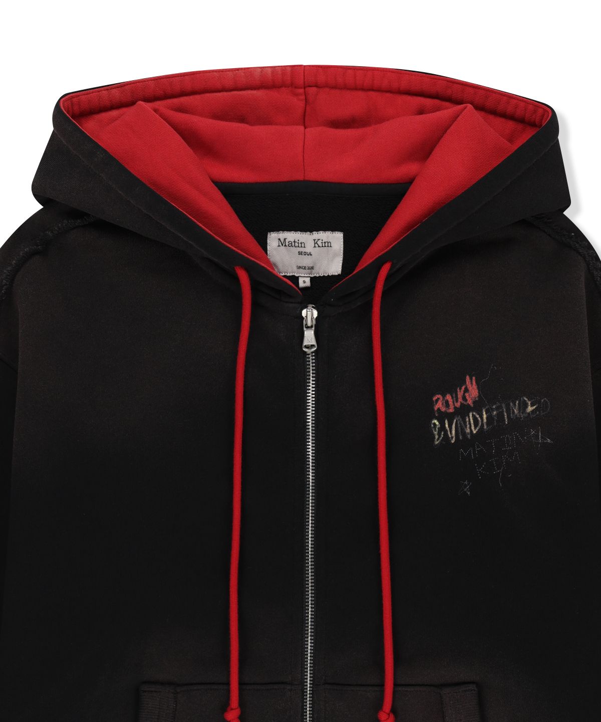 마뗑킴(MATIN KIM) VINTAGE WASHED COLOR CONTRAST HOODY ZIP UP IN BLACK