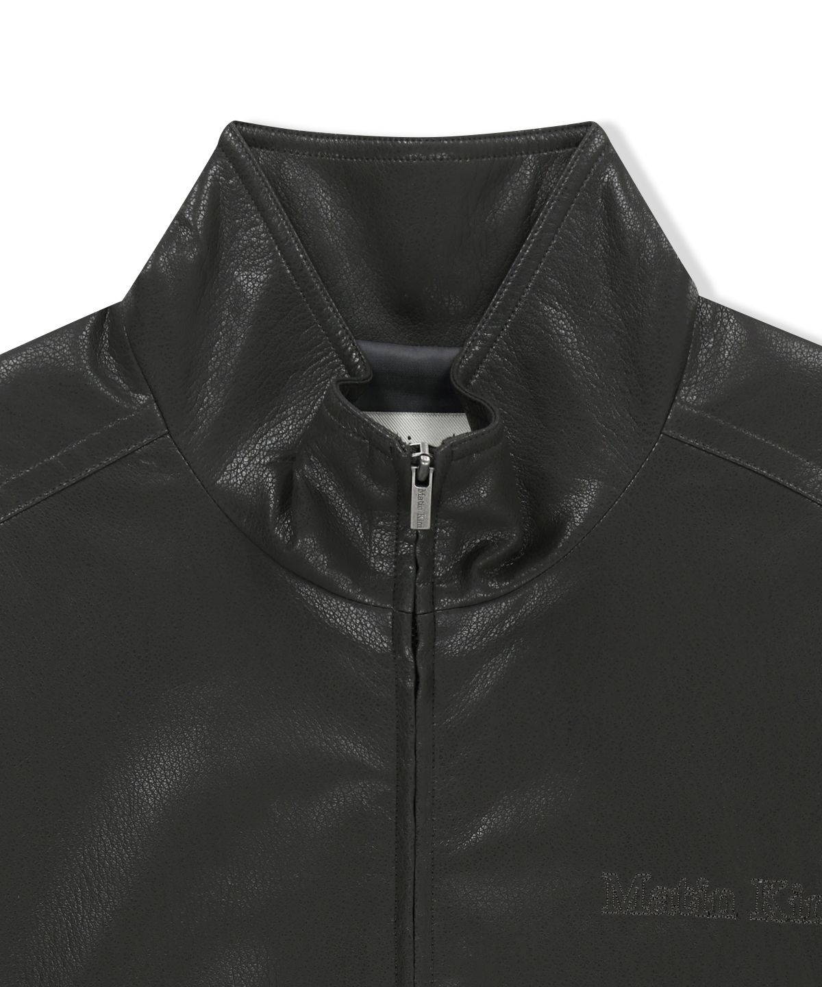 마뗑킴(MATIN KIM) SMALL LOGO FAUX LEATHER HIGH NECK JUMPER IN DARK BROWN