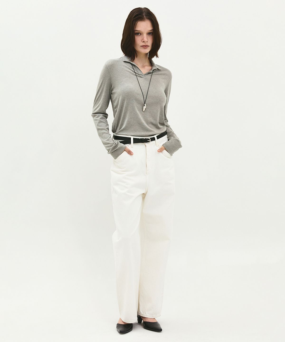 러프사이드 화이트라벨(ROUGH SIDE WHITE LABEL) Pivot Collar T-Shirt Greige
