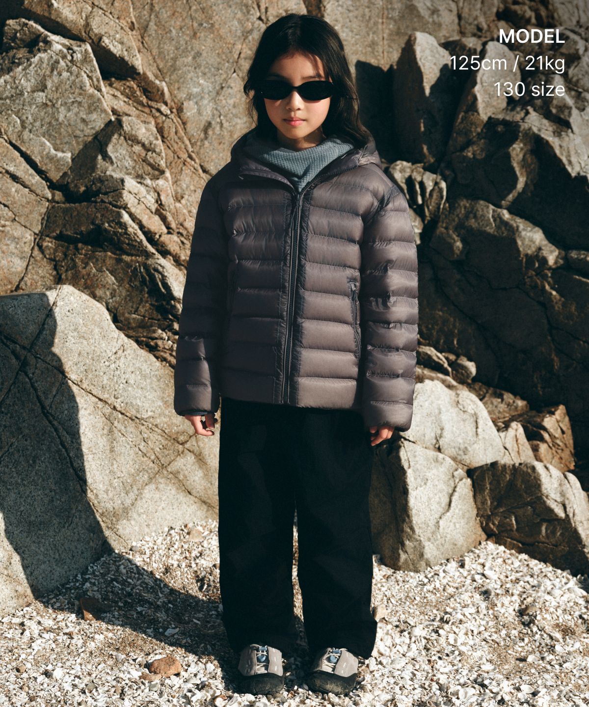 무신사 스탠다드 키즈(MUSINSA STANDARD KIDS) [시티 레저] 시어 후디드 라이트 다운 재킷 [그레이]