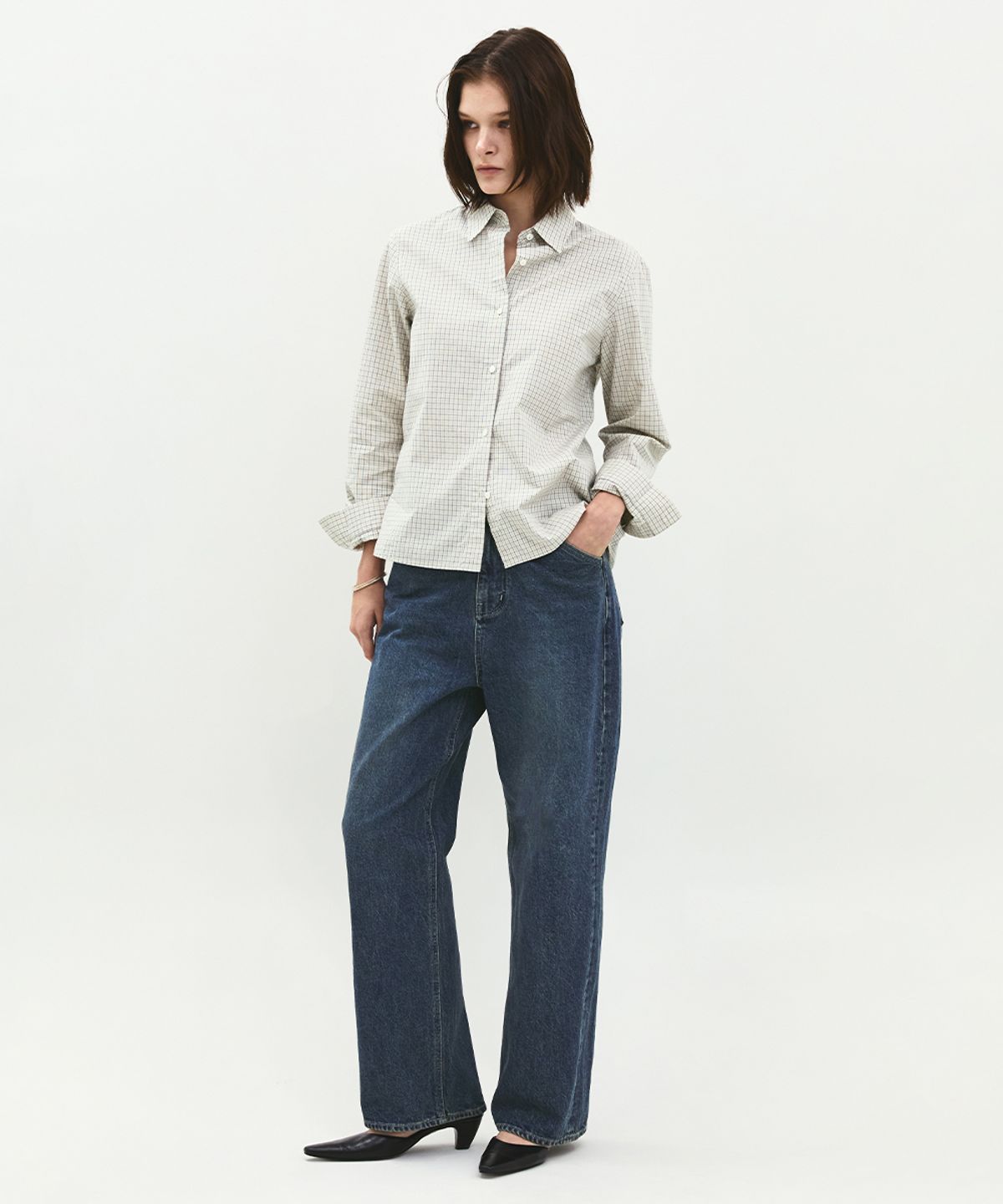 러프사이드 화이트라벨(ROUGH SIDE WHITE LABEL) Cropped Check Shirt Blue Check
