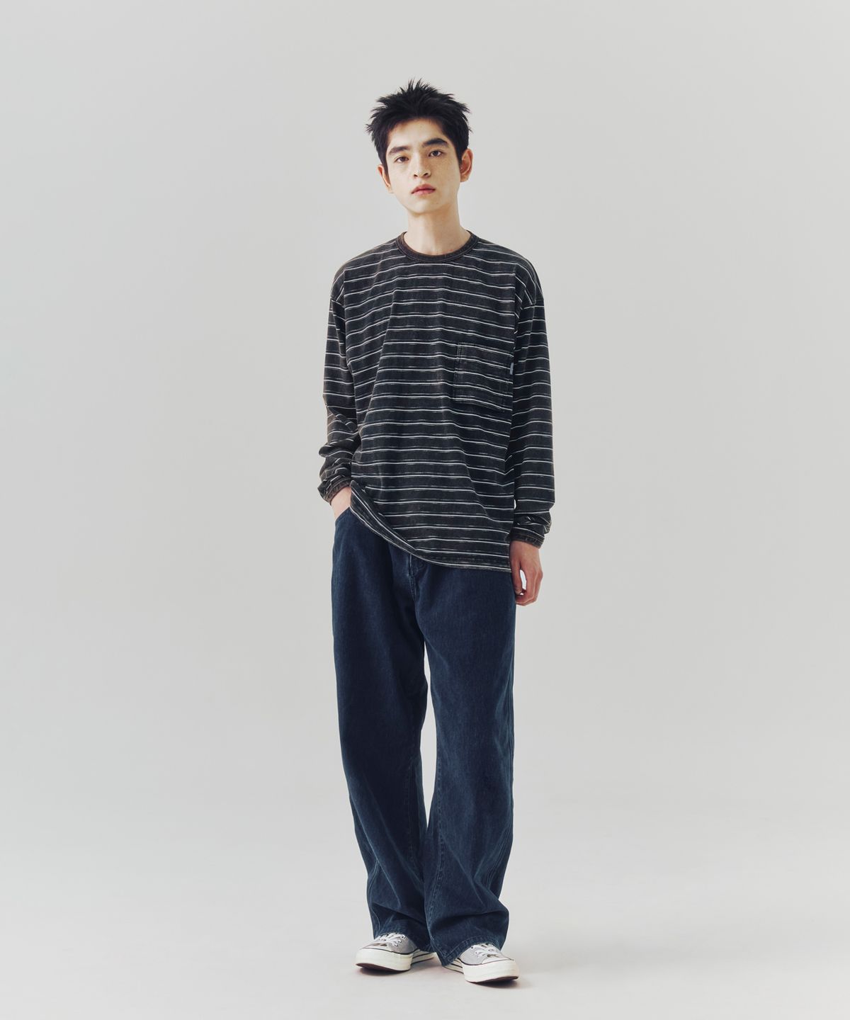 에스피오나지(ESPIONAGE) Vintage Washed Border L/S Tee Black