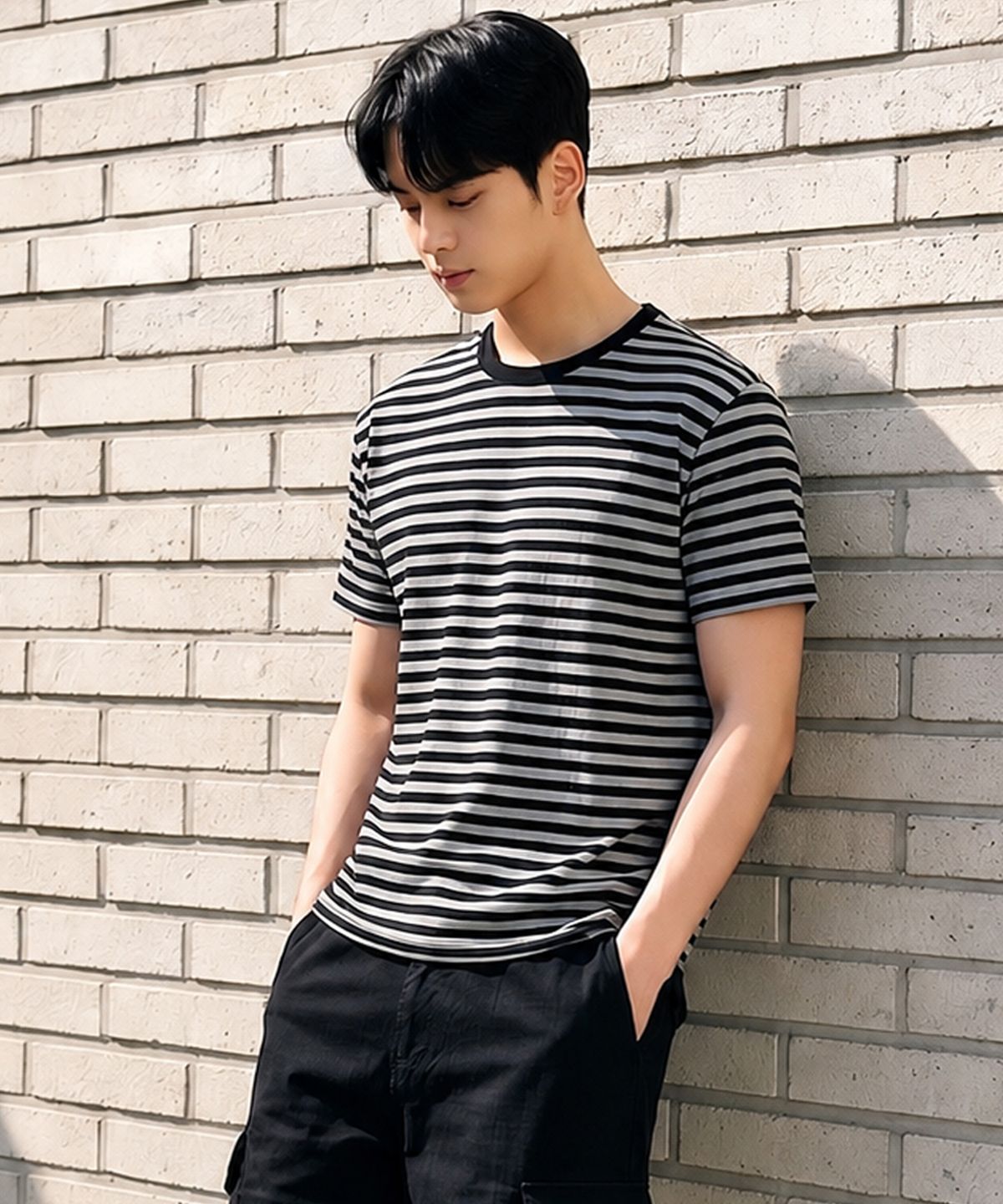 밴웍스(VANNWORKS) 스트라이프 크롭 반팔티 (VS0302) 블랙