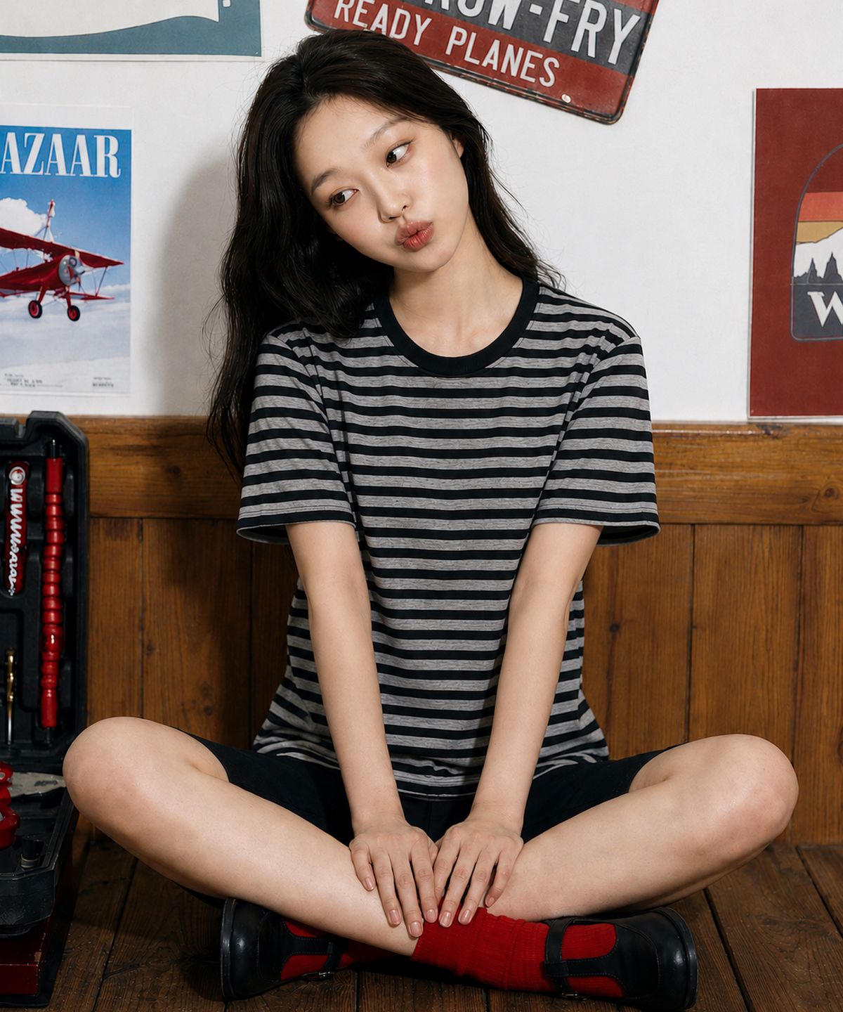 밴웍스(VANNWORKS) 스트라이프 크롭 반팔티 (VS0302) 블랙