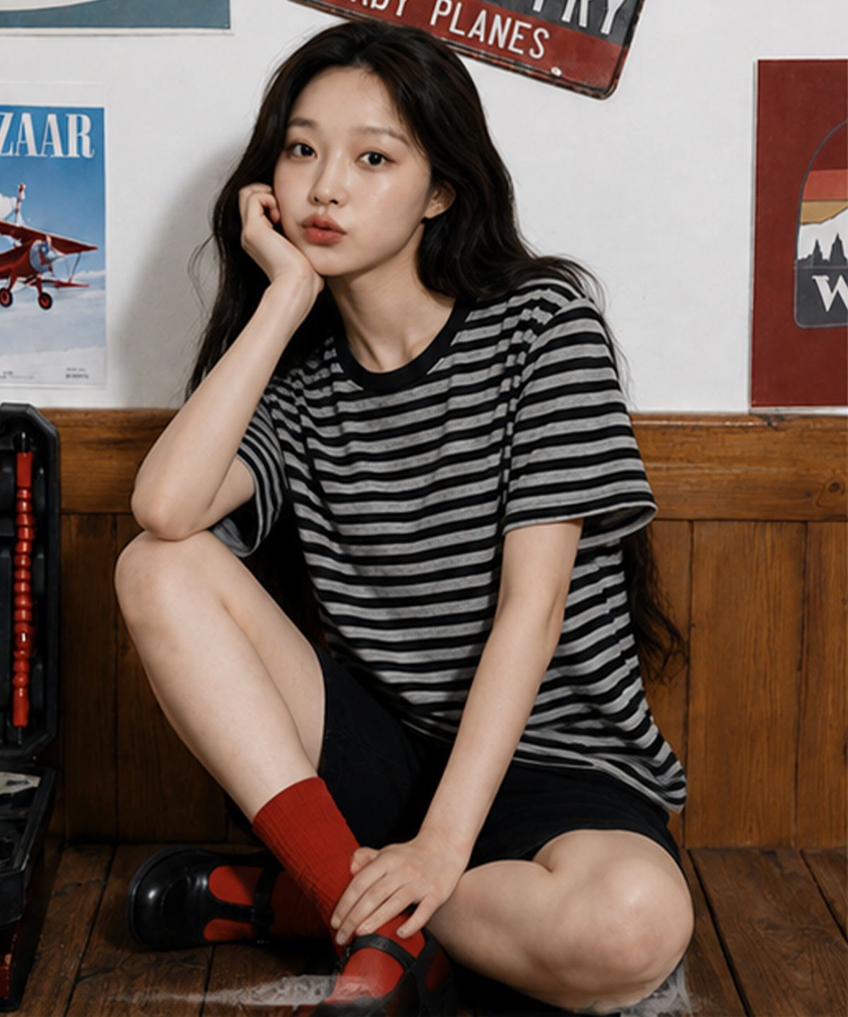 밴웍스(VANNWORKS) 스트라이프 크롭 반팔티 (VS0302) 블랙
