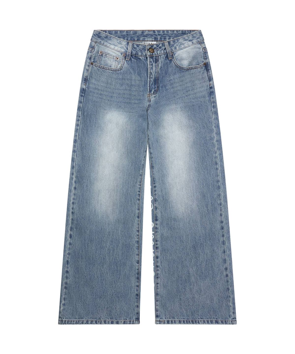 림닉(REEMNIK) RIVETTE DRIFT LETTERING WIDE DENIM PANTS [BLUE]