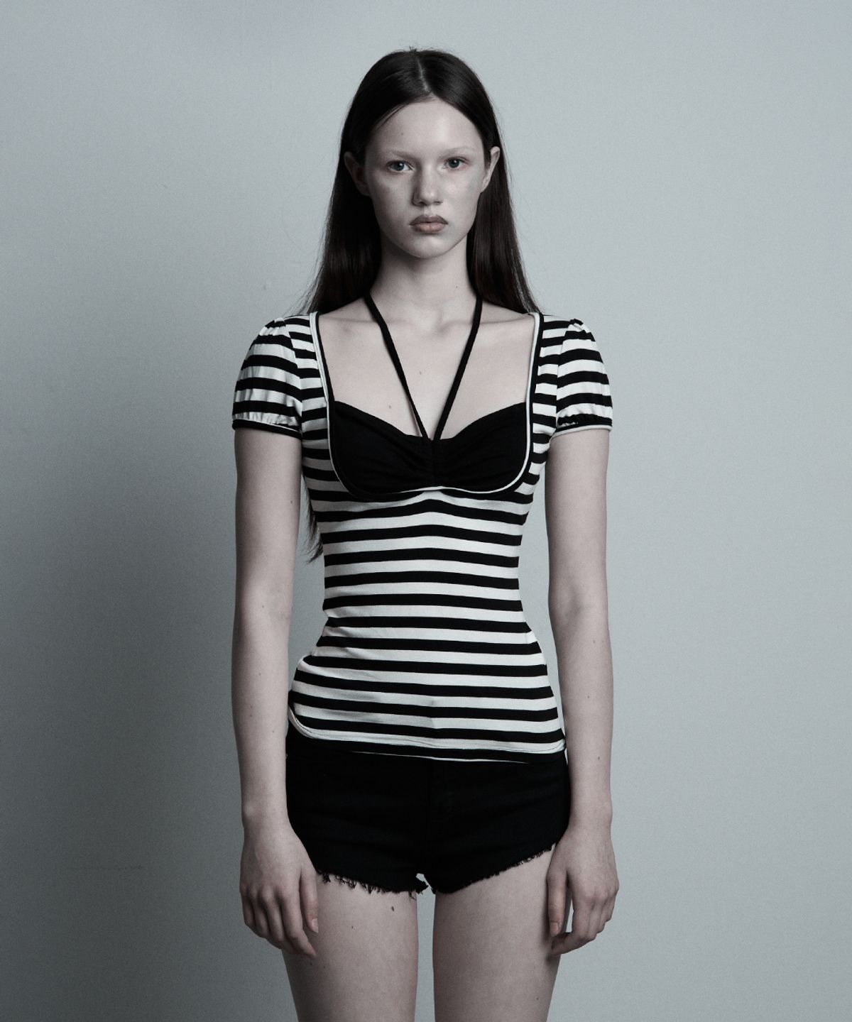 일리오(ILLIO) Black stripe Giselle gathered top (Medium)